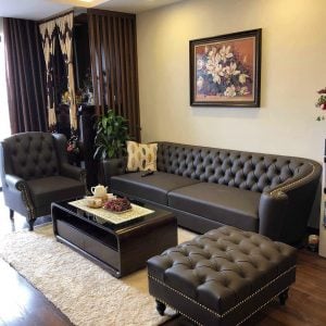 Bộ sofa tân cổ điển bọc da màu đen SFD021