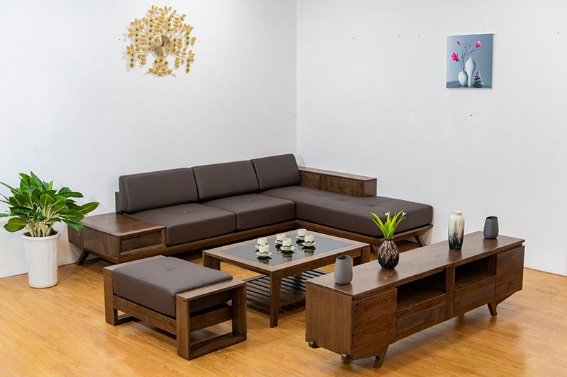 bộ ghế sofa góc bằng chất liệu gỗ óc chó
