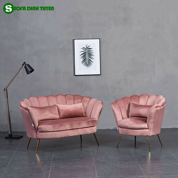 ghế sofa bọc nhung màu hồng chân kim loại