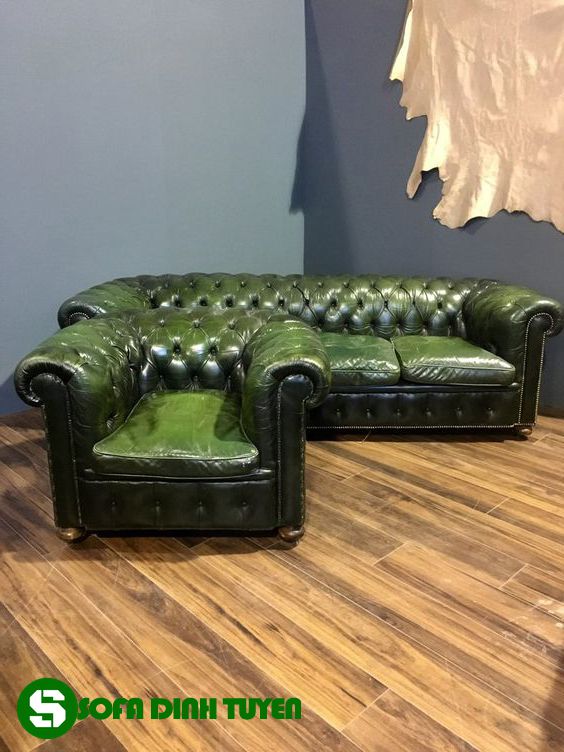 bộ ghế sofa màu xanh rêu bọc da