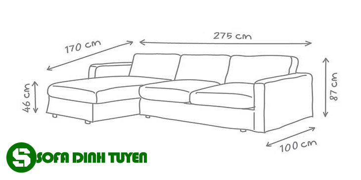 Kích thước sofa chữ L tiêu chuẩn với chiều dài trong khoảng 2,75m, cao 87cm, sâu 100cm.