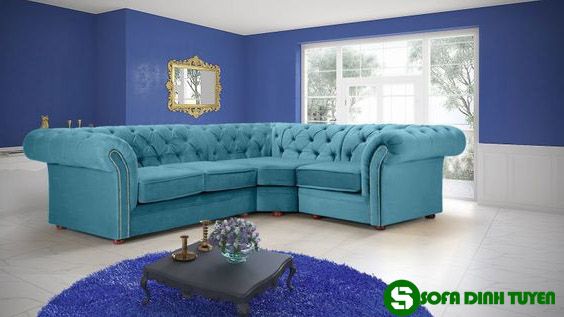 ghế sofa màu xanh cổ vịt góc tân cổ điển