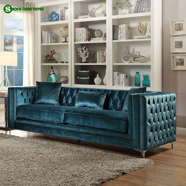 ghế sofa xanh cổ vịt văng dài tân cổ điển