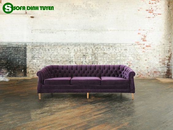 ghế sofa màu tím văng dài tân cổ điển chân inox mạ vàng