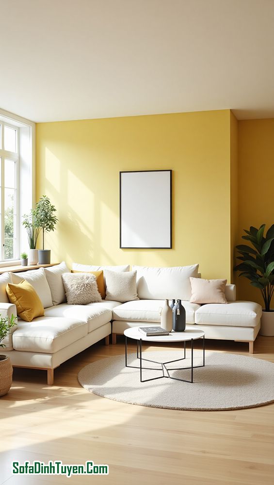 Tường màu vàng chọn ghế sofa màu trắng