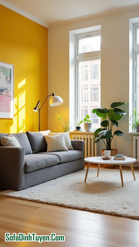 Tường Màu Vàng Chọn Sofa Màu Xám