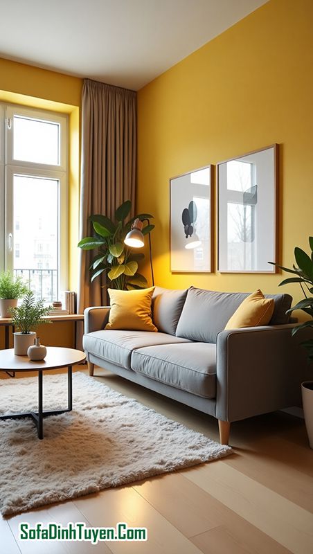 Tường Màu Vàng Chọn Sofa Màu Xám