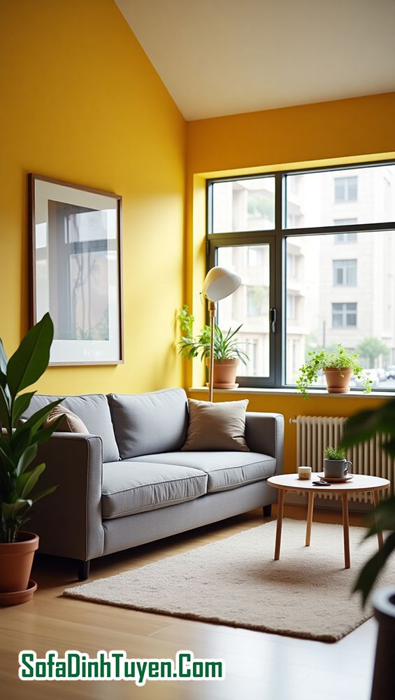Tường Màu Vàng Chọn Sofa Màu Xám