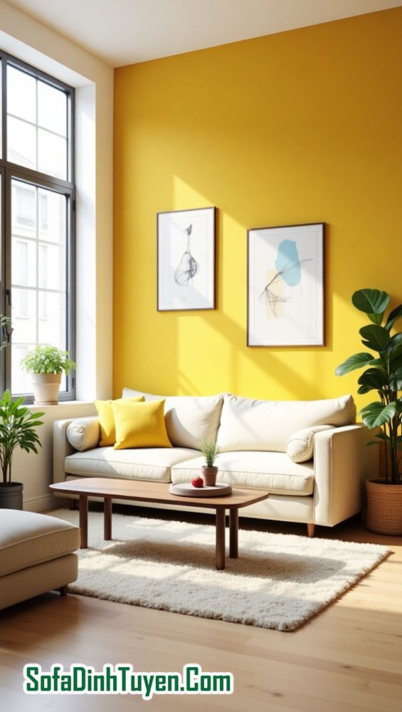 Tường Màu Vàng Chọn Sofa Màu kem