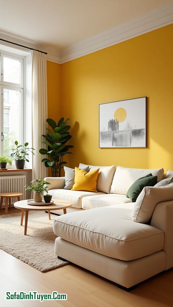 Tường Màu Vàng Chọn Sofa Màu kem