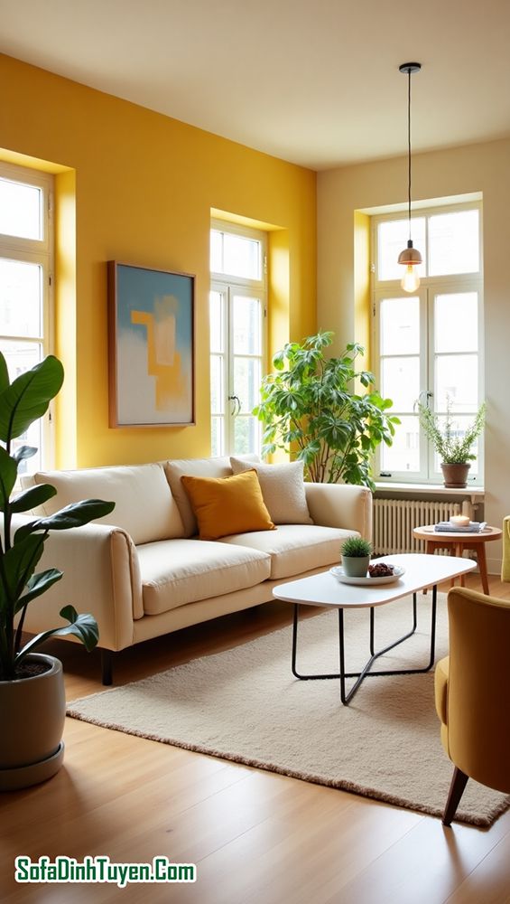 Tường Màu Vàng Chọn Sofa Màu kem