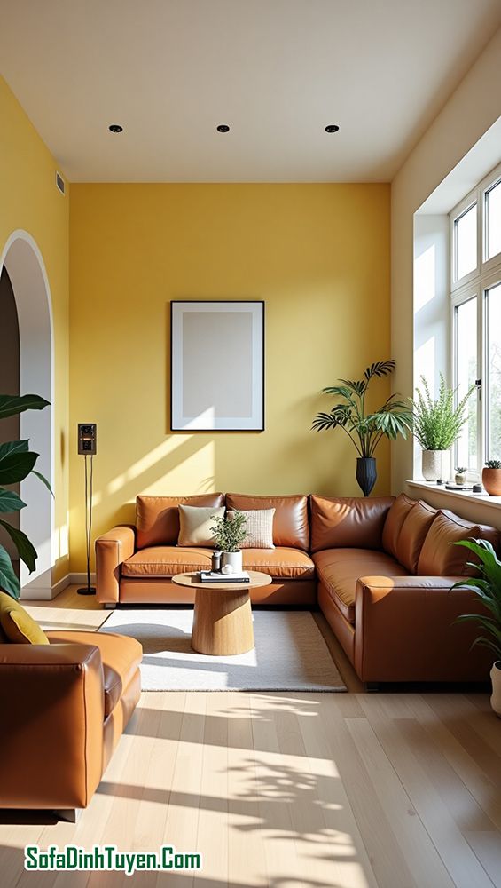 tường màu vàng chọn ghế sofa màu nâu