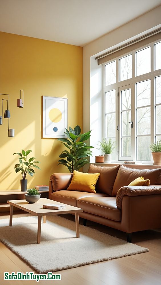 tường màu vàng chọn ghế sofa màu nâu
