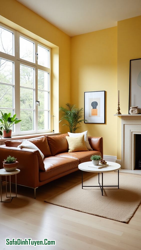 tường màu vàng chọn ghế sofa màu nâu