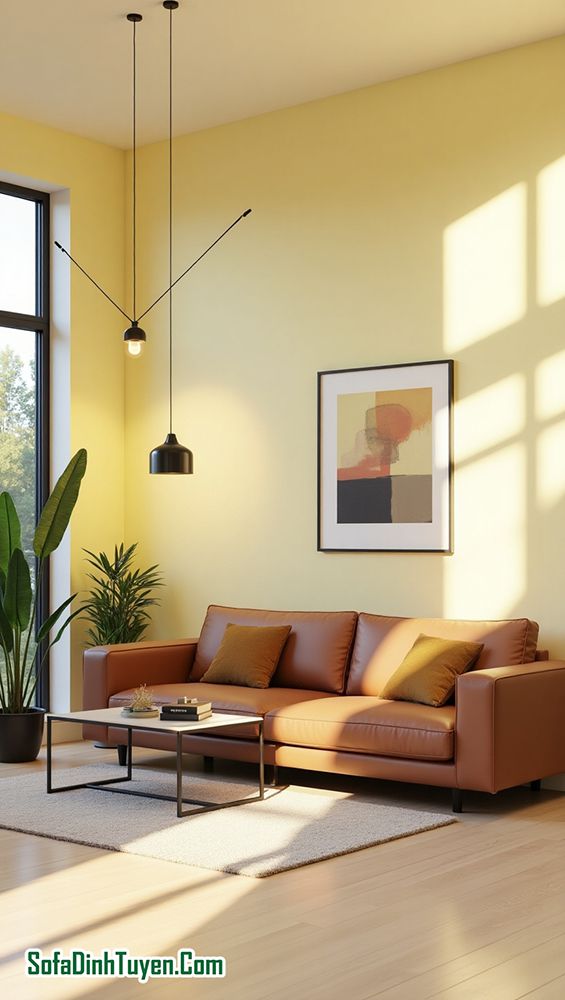 tường màu vàng chọn ghế sofa màu nâu
