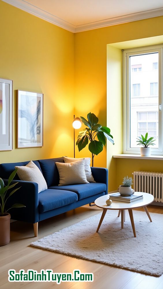 Tường Màu Vàng Chọn Sofa Màu Xanh navy