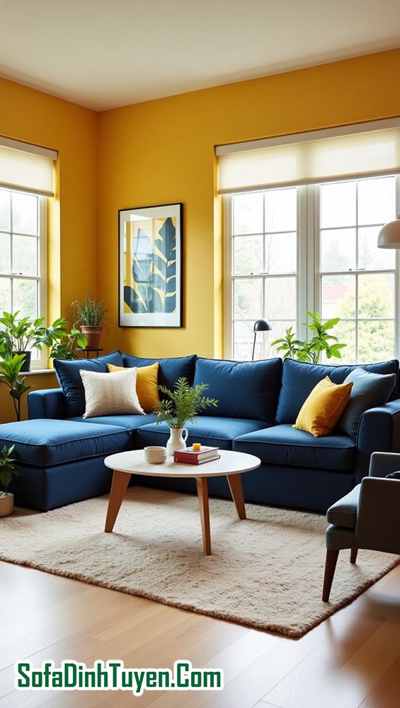 Tường Màu Vàng Chọn Sofa Màu Xanh navy