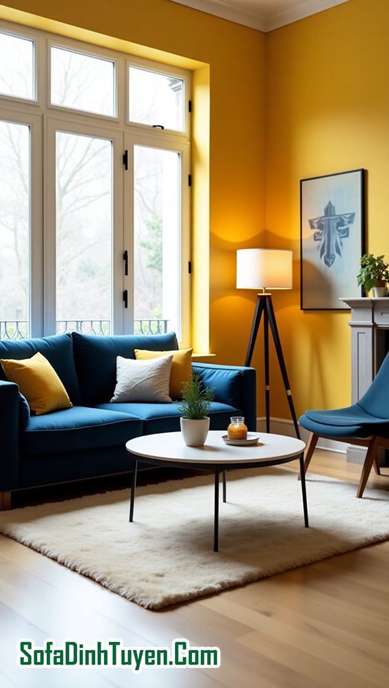 Tường Màu Vàng Chọn Sofa Màu Xanh navy
