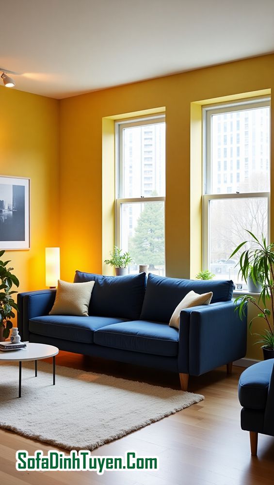 Tường Màu Vàng Chọn Sofa Màu Xanh navy