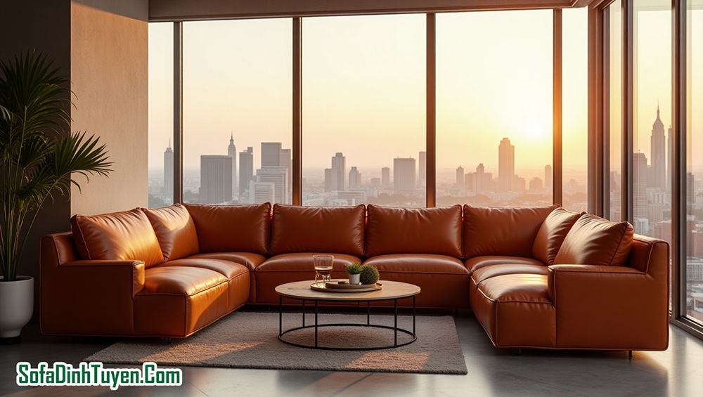 Ghế sofa chữ U sử dụng chất da công nghiệp bền đẹp hấp dẫn.