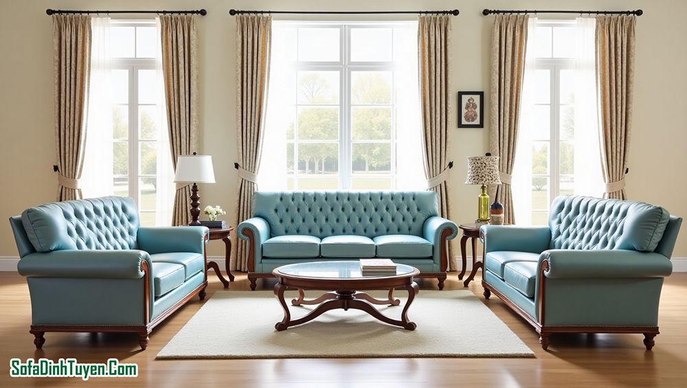 Sofa da microfiber tân cổ điển chia theo bộ 2-2-3 chỗ ngồi với gam màu xanh ngọc tinh tế