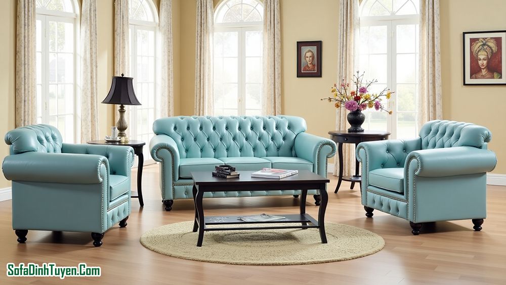 Sofa da microfiber tân cổ điển chia theo bộ 2-2-3 chỗ ngồi với gam màu xanh ngọc tinh tế