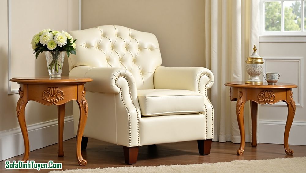 Mẫu sofa đơn bọc da phong cách tân cổ điển thưởng trà cafe.