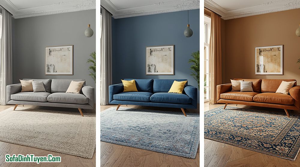 Cách phối màu thảm với sofa theo từng màu phổ biến